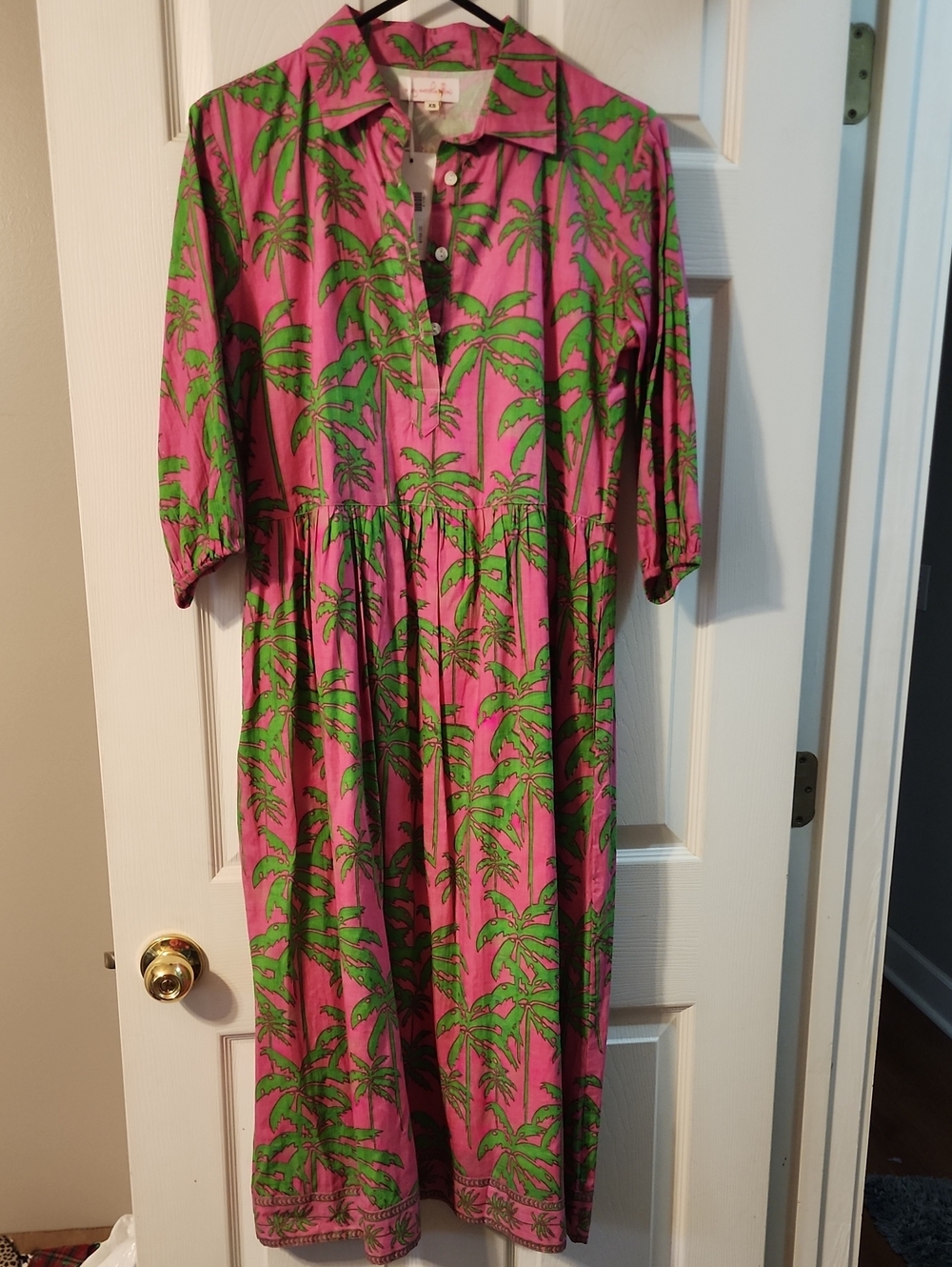 Mary Marshmello Palm Print Pink & Green Button-Front Dress XS 100% Cotton